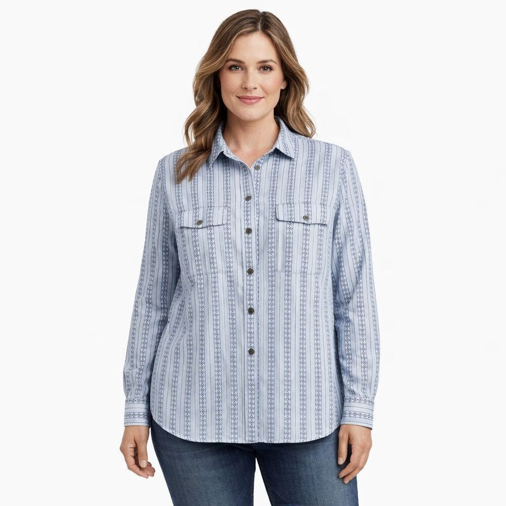 Lands' End Shirt Womens XL/T 18 Blue Striped Button Front Long Sleeve Top